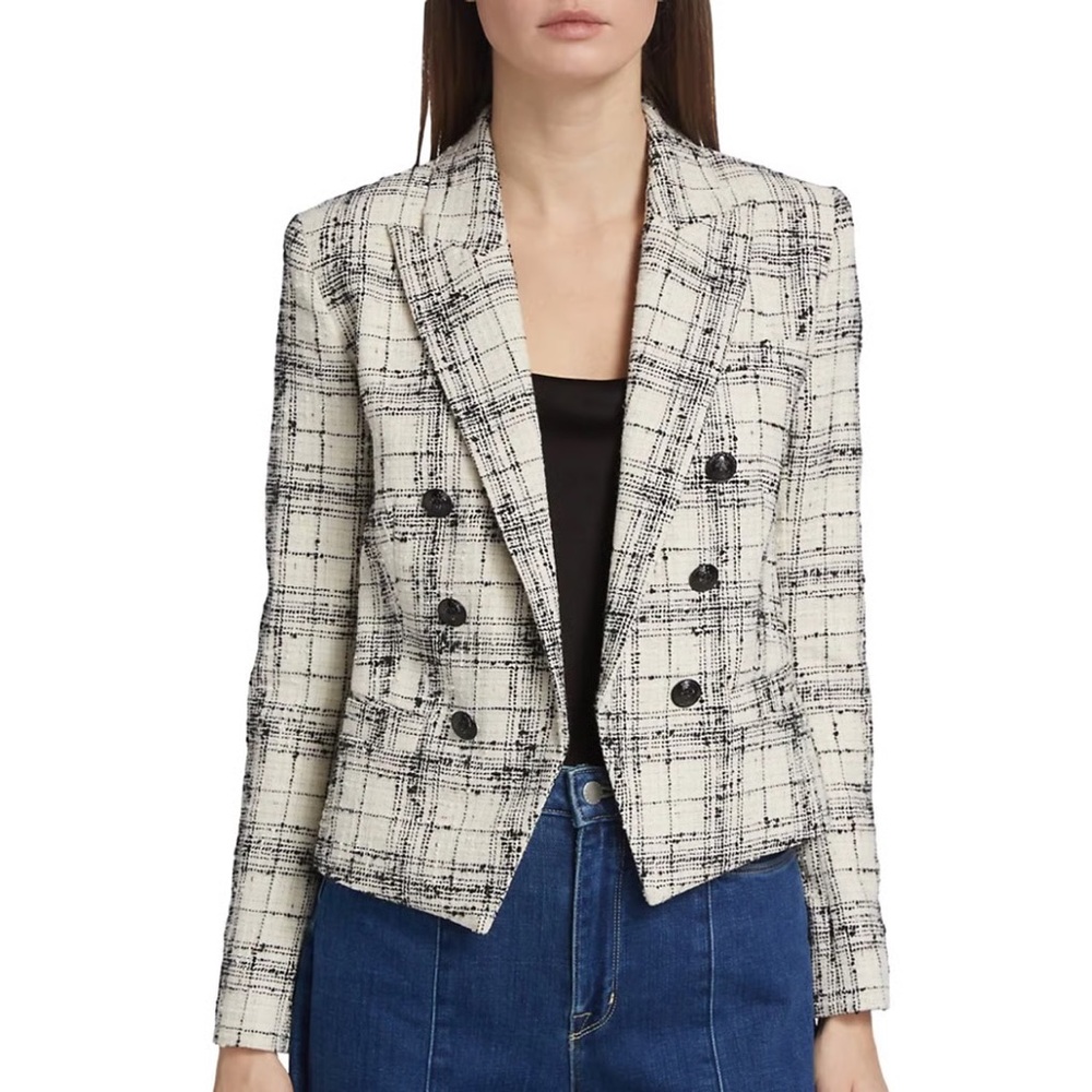 L’AGENCE Brooke Cropped Tweed Double-Breasted Blazer Black/Cream Size 0